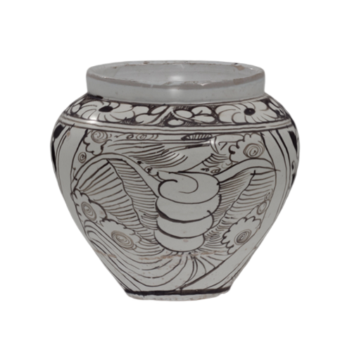 磁州窑白地黑花凤凰牡丹纹罐