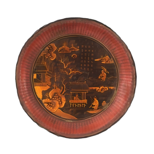 山水人物藤编漆盘