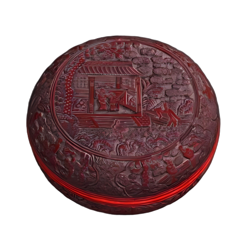 剔红楼阁人物纹图盒